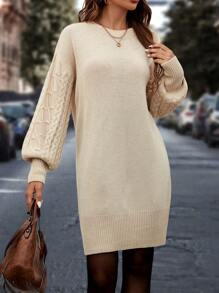 SHEIN Clasi Váy len tay áo đèn lồng không có thắt lưng - Màu be - Xem 4