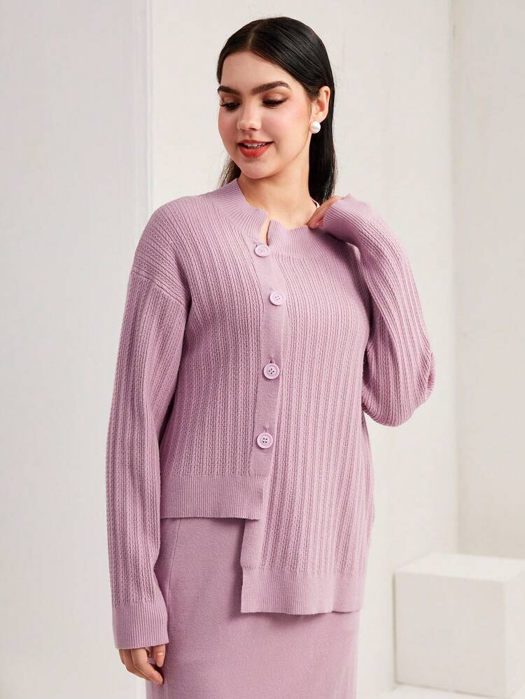 Drop Shoulder Button Front Asymmetrical Hem Cardigan & Knit Skirt 2 Piece Set