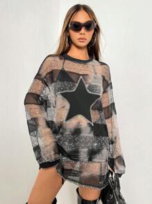 SHEIN ICON Y2k風格grunde仿嬉皮星星印花下垂肩連衣裙,無需內衣 - 彩色 - 查看 1