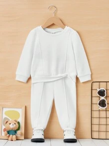 SHEIN 男嬰素色衛衣和衛褲 - 白色 - 查看 1