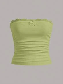 SHEIN EZwear 蕾絲拼接褶邊前蝴蝶結抹胸上衣 - 青檸色 - 查看 1