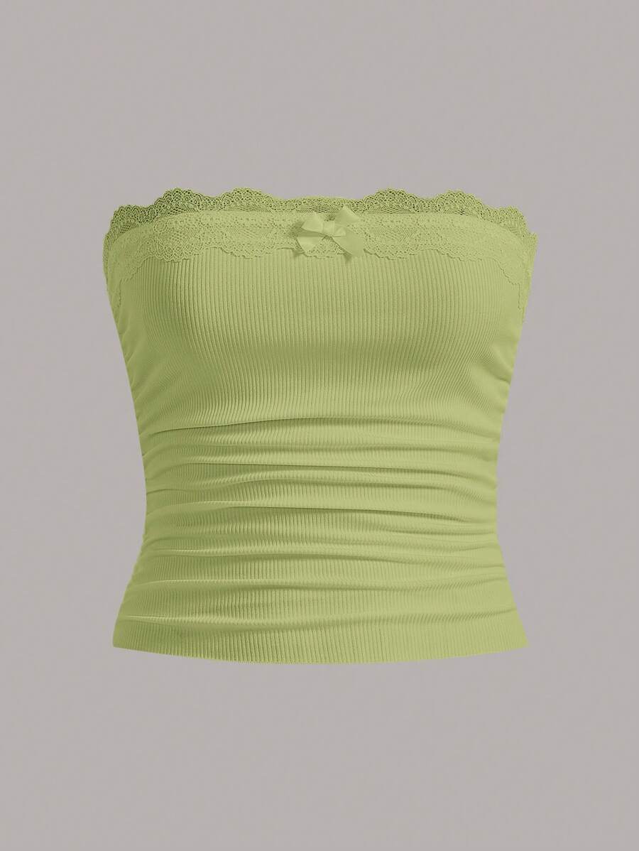 SHEIN EZwear 蕾絲拼接褶邊前蝴蝶結抹胸上衣 - 青檸色 - 查看 1