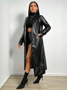 SHEIN x Carly Lawrence BamGleam 西裝領亮面風衣外套 - 黑色 - 查看 4