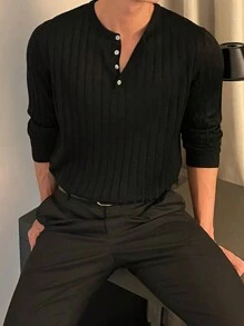 DAZY 男士半扣罗纹针织毛衣商务装 - 黑色 - 查看 1