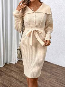 SHEIN Essnce 折邊翻領落肩袖腰帶毛衣洋裝 - 杏色 - 查看 5