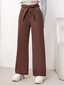 Teen Girl Slant Pocket Belted Wide Leg Jeans - Coffee Brown - View 5
