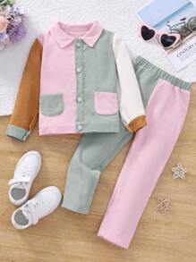 SHEIN Garota Jovem Bloco De Cores Bolso Duplo Cordão Jaqueta & Calças
