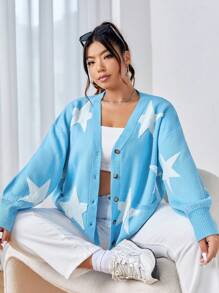 SHEIN EZwear 休閒前紐扣幾何大碼開衫 - 藍色 - 查看 5