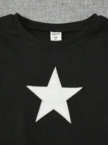 SHEIN Tween女孩純色短袖T卹，帶星星印花，夏季 - 黑色 - 查看 5