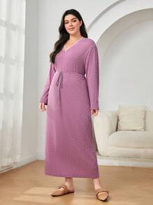 Mulvari 大碼棉素色V領繫腰帶洋裝 - 紫色 - 查看 3