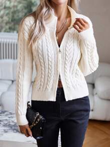 SHEIN Clasi Xoắn Dan Thả vai Dây kéo Áo len Mở - trắng - Xem 4