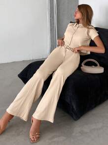 RueChic unicolor con botón delantero Camisa & de cintura con cordón Pantalones