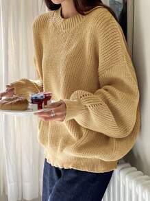 DAZY Chất rắn Thả vai Đồ đan Ribbed Áo len - Màu vàng - Xem 6