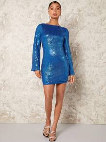 SHEIN BAE 後背繫帶喇叭袖亮片洋裝 - 藍色 - 查看 5