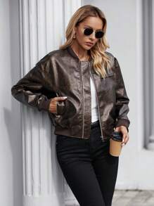 SHEIN LUNE Thả vai chất liệu da PU Áo khoác bomber - Màu xám đen - Xem 3