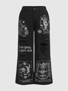 ROMWE Academia Plus Skull & Letter Graphic Ripped Wide Leg Boyfriend Jeans, School - Black - View 1