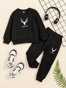 男童字母圖案運動衫和運動褲 - 黑色 - 查看 1