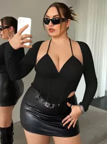 SHEIN ICON Plus Solid Asymmetrical Hem Halter Neck Crop Top - Black - View 1