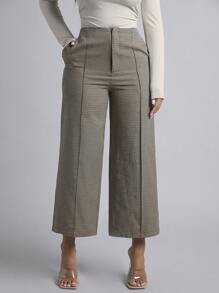 SHEIN PETITE Plaid Print Wide Leg Pants - Khaki - View 5