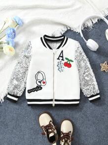 SHEIN Young Girl Letter & Cherry Print Striped Trim Contrast Sequin Zip Up Varsity Jacket - Multicolor - View 1