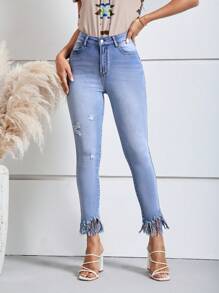 SHEIN LUNE Fringe Hem Ripped Skinny Jeans - Light Wash - View 3