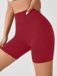 Cottnline Solid Wideband Waist Biker Shorts - Burgundy - View 5