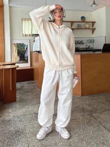 DAZY Drop Shoulder Zip Up Hooded Cardigan,Long Sleeve Tops Jacket