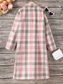 SHEIN Tween Girls' Long Plaid Woolen Coat With Lapel And Horn Button - Pink - View 2