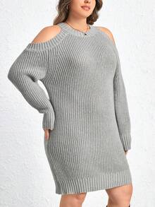 SHEIN LUNE Talla grande Vestido de punto de hombros descubiertos tejido de canalé - Gris - Ver 3