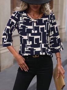 SHEIN Clasi Geo Print Round Neck Blouse - Blue - View 5