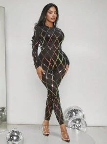 SHEIN SXY Sequin Detail Sheer Mesh Unitard Jumpsuit - Black - View 5