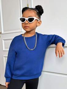 Young Girl Solid Drop Shoulder Sweatshirt - Blue - View 5