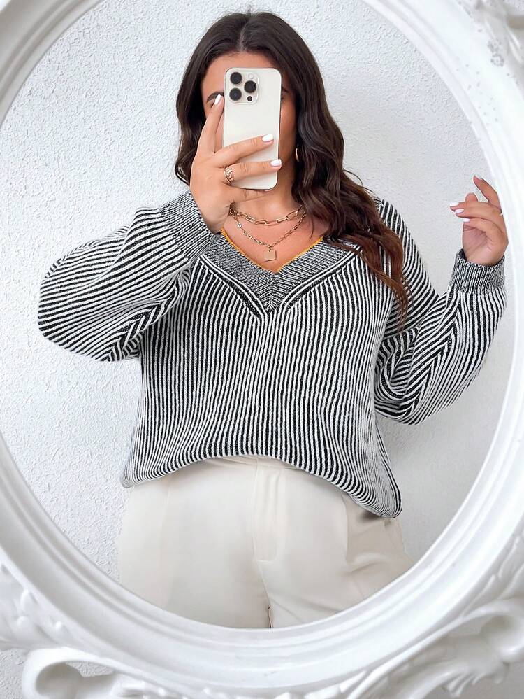 Plus Size Women V-Neck Dropped Shoulder Long Sleeve Black & White Striped Design Regular Casual Loose Knit Pullover Sweater, Autumn/Winter