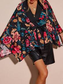SHEIN LUNE Floral Print Batwing Sleeve Belted Coat