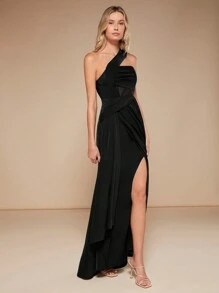 SHEIN Belle One Shoulder Mesh Insert Wrap Hem Bridesmaid Dress - Black - View 4