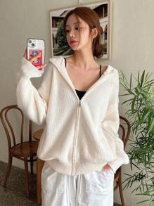 DAZY Drop Shoulder Zip Up Hooded Cardigan,Long Sleeve Tops Jacket