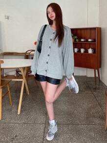 DAZY Chất rắn Nút phía trước Thả vai áo - Xám - Xem 7