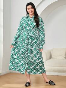 Mulvari Plus Allover Print Belted Shirt Dress - Green - View 1