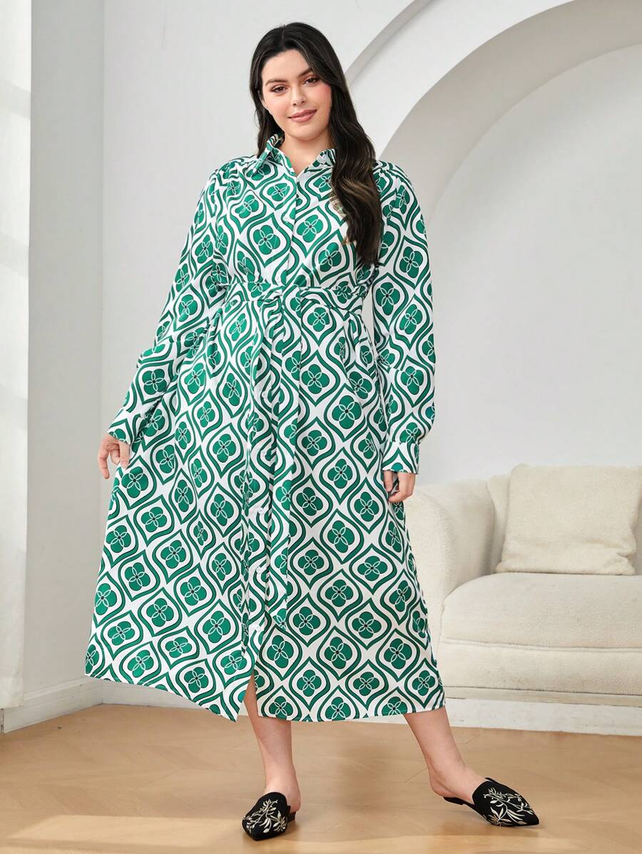 Mulvari Plus Allover Print Belted Shirt Dress - Green - View 1