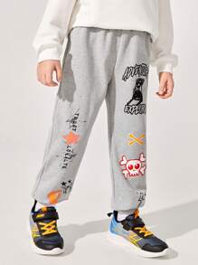 SHEIN 男大童字母圖案衛褲 - 淺灰色 - 查看 1