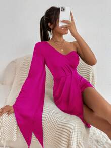 SHEIN PETITE 單肩開衩袖圍裹連衣裙