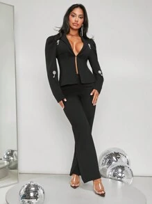 SHEIN SXY 水鑽細節西裝外套&喇叭褲 - 黑色 - 查看 6