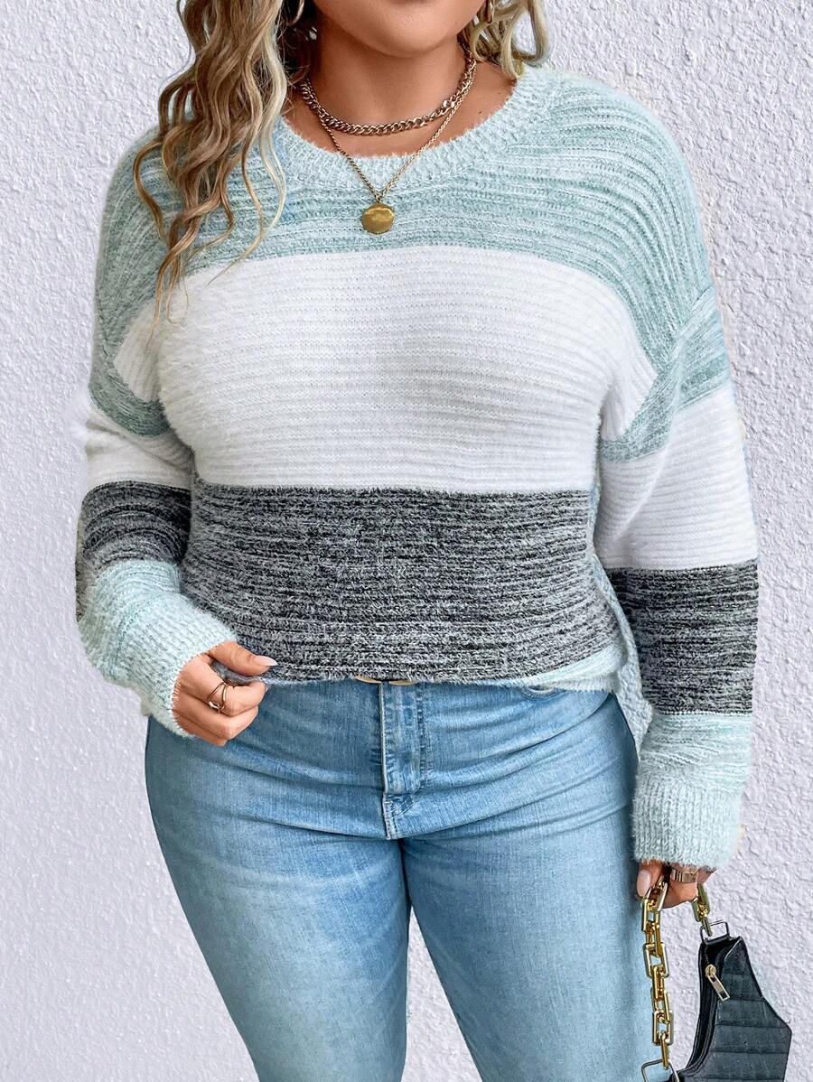 SHEIN LUNE 加大码撞色落肩针织套头衫秋冬毛衣 - 彩色 - 查看 1