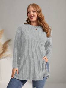 SHEIN Essnce Plus Drop Shoulder Split Hem Ribbed Knit Tee - Grey - View 3