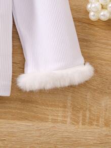 SHEIN Young Girl Solid Mock Neck Fuzzy Cuff Tee - White - View 3