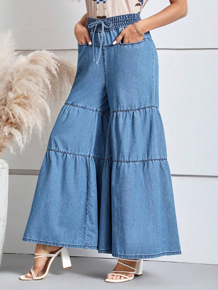 Tie Waist Ruffle Hem Wide Leg Jeans
