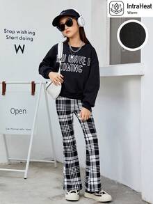 SHEIN Tween Girl Slogan Graphic Drop Shoulder Pullover & Plaid Flare Leg Pants - Black and White - View 3