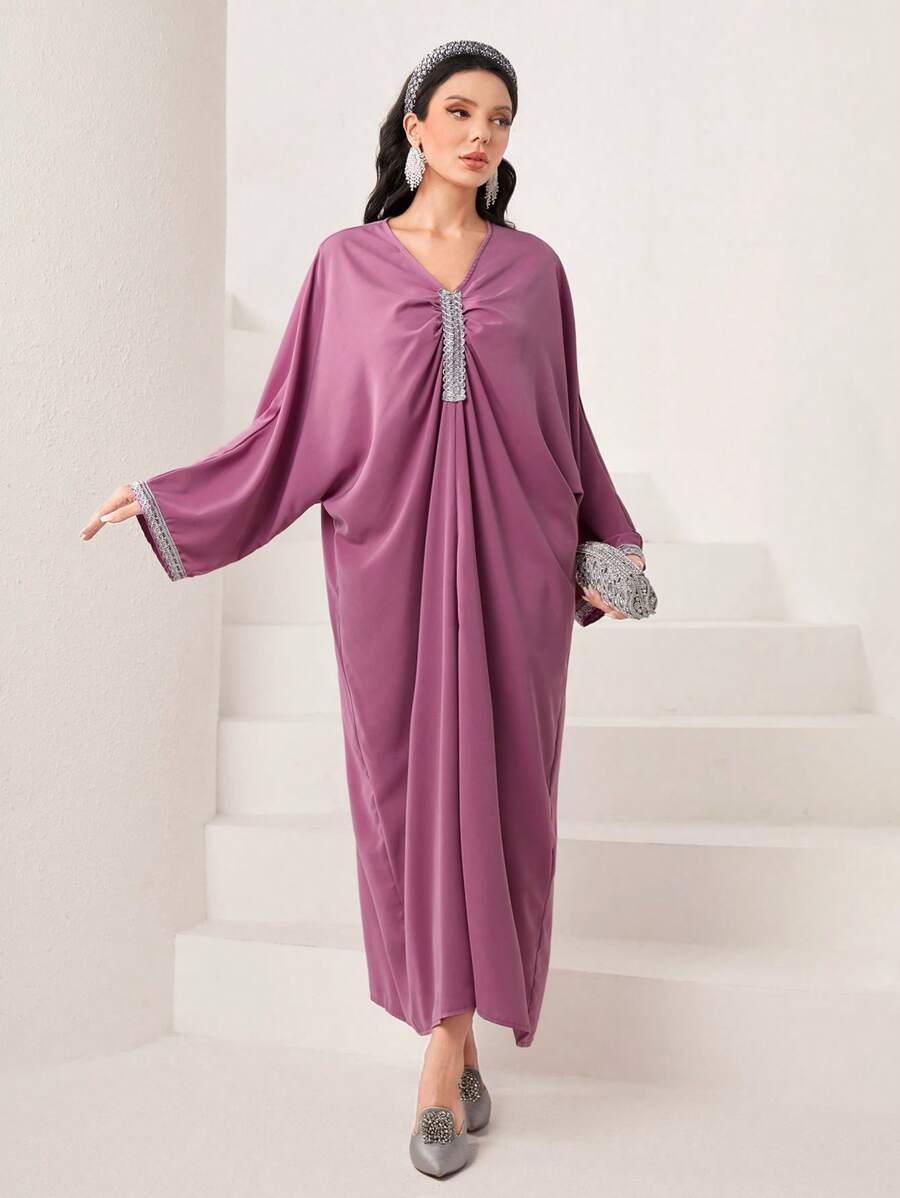 Al Najma Contrast Trim Batwing Sleeve Kaftan - Pink - View 1
