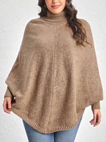 SHEIN LUNE 加高領蝙蝠袖斗篷 - 卡其色 - 查看 5