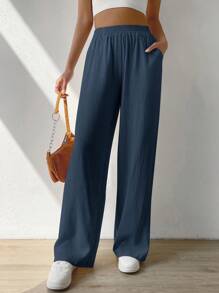 SHEIN EZwear Solid Slant Pocket Wide Leg Pants - Navy Blue - View 5